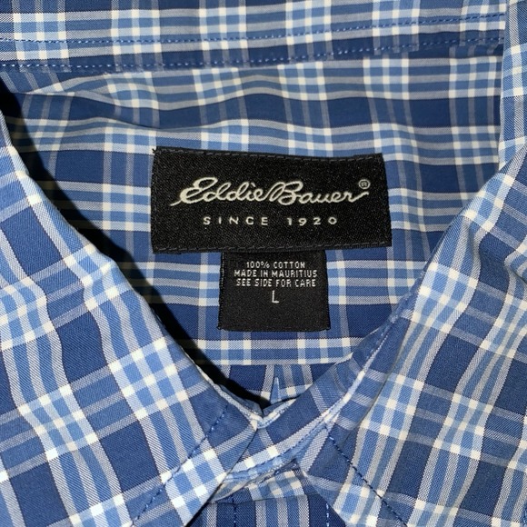 Eddie Bauer Men's L Button Down Shirt‎ Blue White Plaid Long Sleeve 100% Cotton - Picture 4 of 13
